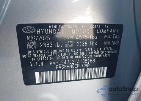 2026 Hyundai Sonata Hybrid Blue from USA, damaged, VIN KMHL24JJ2TA138168